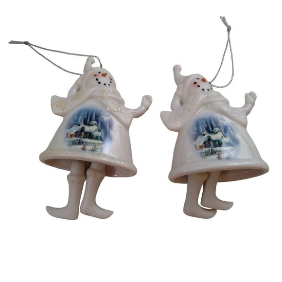 Thomas Kinkade Snowman Bell Ornament Silent Night Cottage Scene Lot Of 2 - Picture 1 of 5